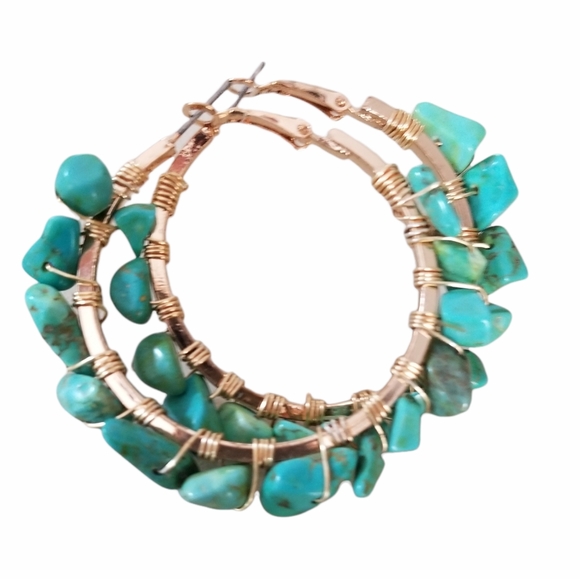 Hand Crafted Boho Turquoise Nugget Wire Wrapped Hoop Earrings - Picture 8 of 14